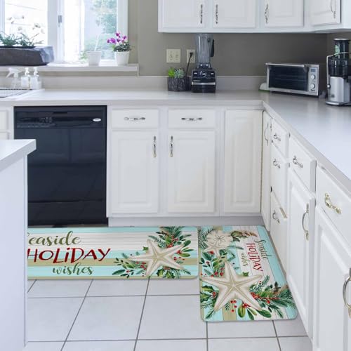 Carosoffe Coastal Christmas Kitchen Rugs 2 Pack, Non-Slip Absorbent Mat Set, 18x30 & 18x47 Inches, Seaside Holiday Decor