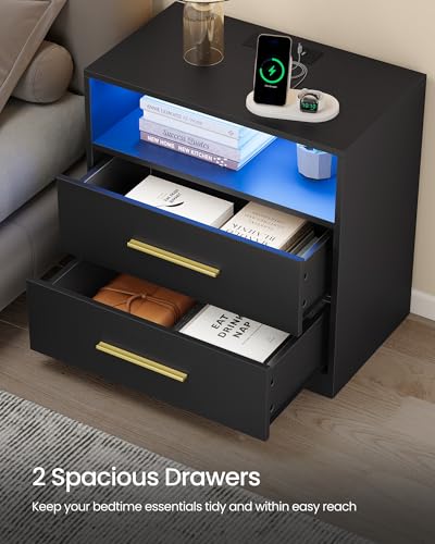23.6-Inch Wide Nightstands Set of 2 with LED Lights & Charging Station