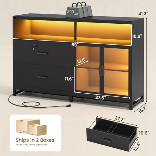 59-Inch Lateral Filing Cabinet with Lockable Drawers, Printer Stand & LED