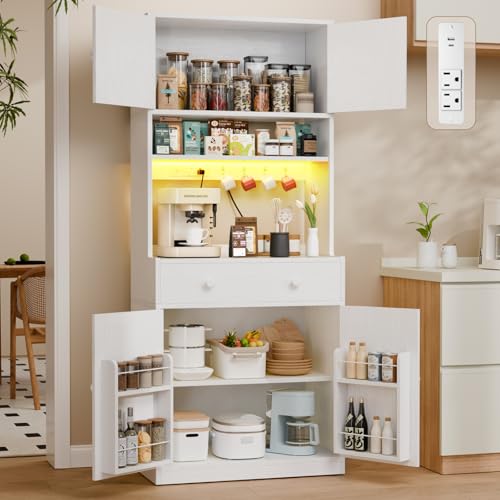 71" Tall Kitchen Pantry Cabinet with Microwave Stand, LED Lights & Charging