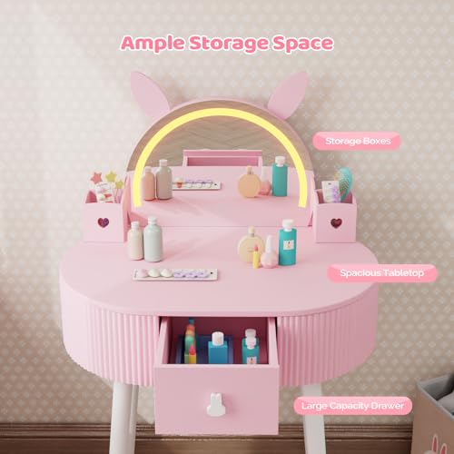 Kids Vanity Set with Lighted Mirror, Rabbit Design Table and Chair, Pink