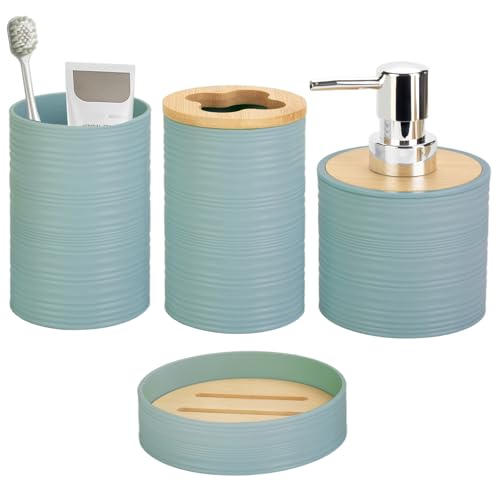 4-Piece Bamboo Bathroom Accessory Set, Aqua Boho Soap Dispenser and Holder