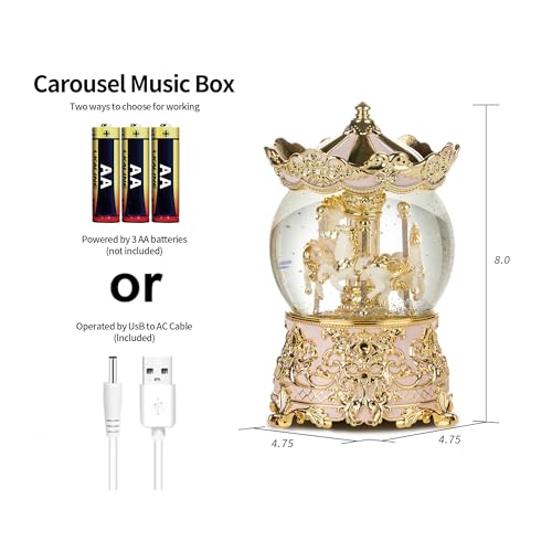 Carousel Musical Snow Globe Princess Unicorn Light Pink Music Box Gift for Girls Women Kids
