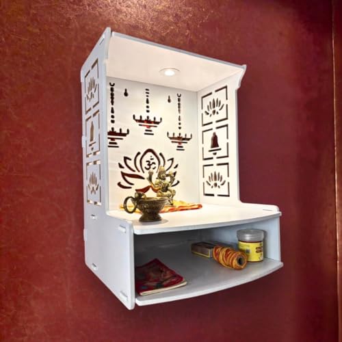 Small White Wooden Wall Mounted Pooja Mandir with LED Light & Storage Shelf - DIY Home Temple