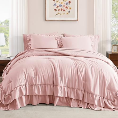 Queen Ruffle Comforter Set - Soft Pink 7-Piece Bedding Set