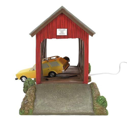 Illuminated Winter River Bridge Car Crash Collectible Village Building