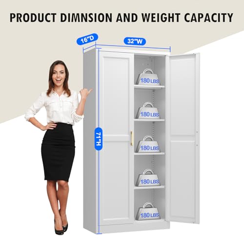 71" Tall White Metal Kitchen Pantry Cabinet with Doors & Adjustable Shelves