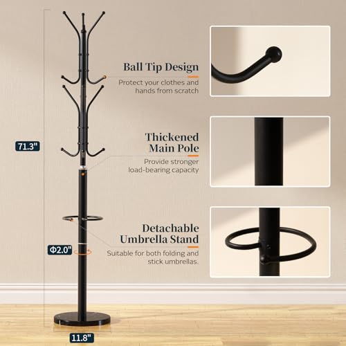 Freestanding Metal Coat Rack with Marble Base and 12 Hooks