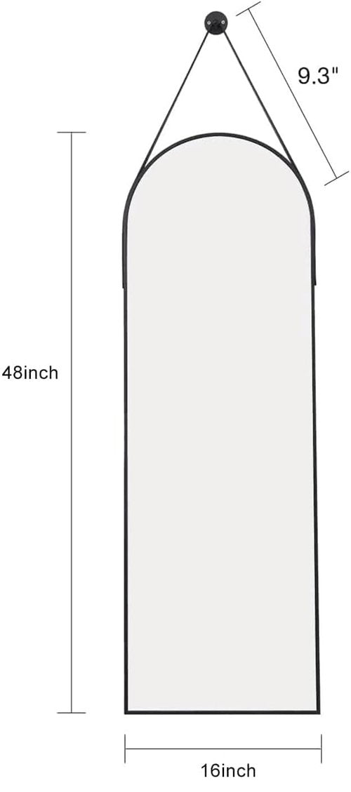 TinyTimes 48"x16" Hanging Mirror with Leather Strap,Arched Full Length Mirror with Aluminum Frame Wall-Mounted Hanging Mirrors for Bathroom Vanity Living Room Bedroom Entryway Décor, Black