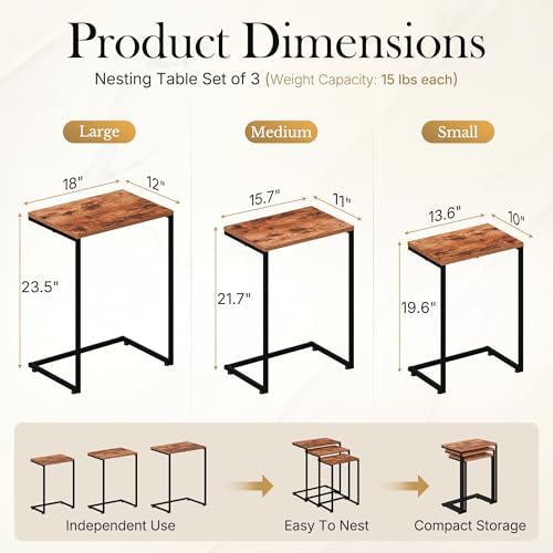 3-Piece Nesting End Table Set, C-Shaped Industrial Side Tables for Small Spaces