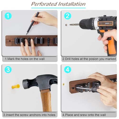 Rustic Wood Mop and Broom Holder Wall Mount with 4 Slots and 4 Hooks