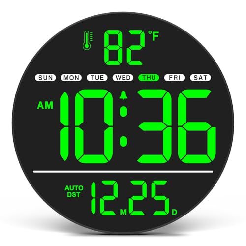 Large Digital LED Wall Clock with Temperature, Date, and 5-Level Dimmer