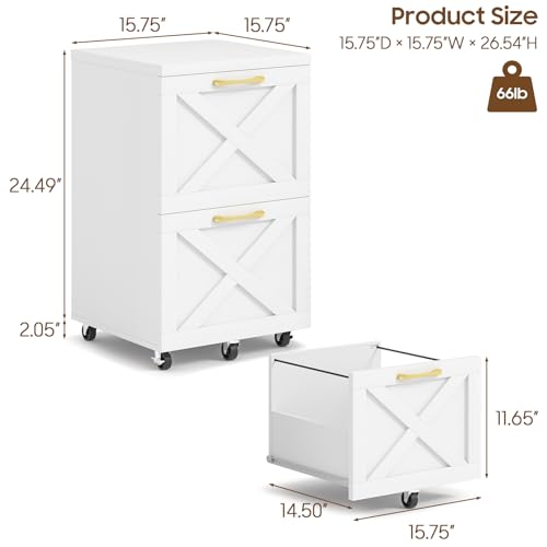 2-Drawer Rolling File Cabinet, Farmhouse Under Desk Printer Stand - White