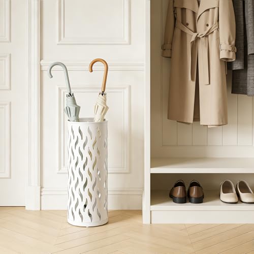 Metal Umbrella Stand for Entryway - Slim Storage Rack with 4 Hooks (White)