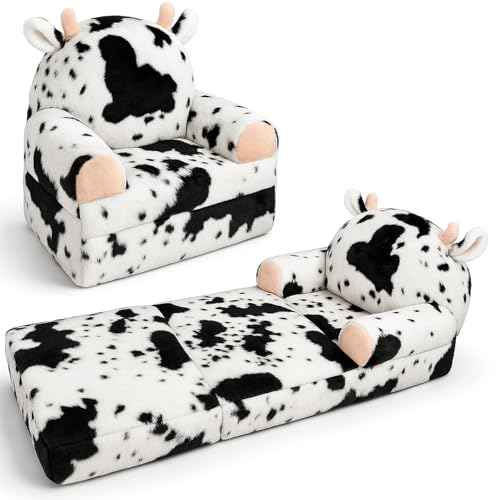 QIUODO Cow Toddler Couch Chair 2-in-1 Foldable Kids Sofa, Soft Plush Play Seat