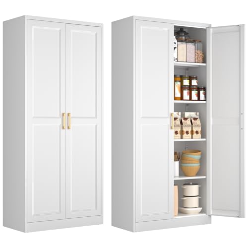 71" Tall White Metal Kitchen Pantry Cabinet with Doors & Adjustable Shelves