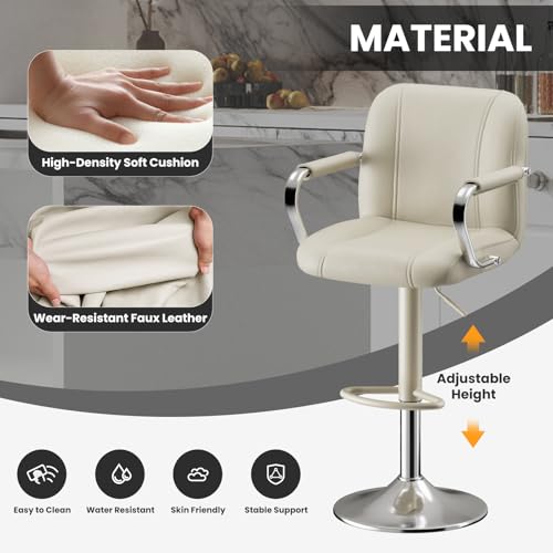Set of 2 Beige Adjustable Swivel Bar Stools with Backs and Armrests
