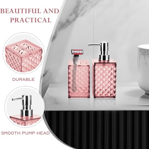 2-Piece Pink Bathroom Accessory Set, Diamond Pattern Soap Dispenser
