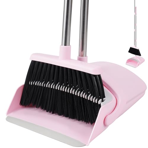 Long Handle Broom and Dustpan Set with Built-In Comb Teeth - Pink