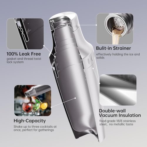 Magcheer Silver 30oz Vacuum Insulated Cocktail Shaker Set with Jigger & Strainer