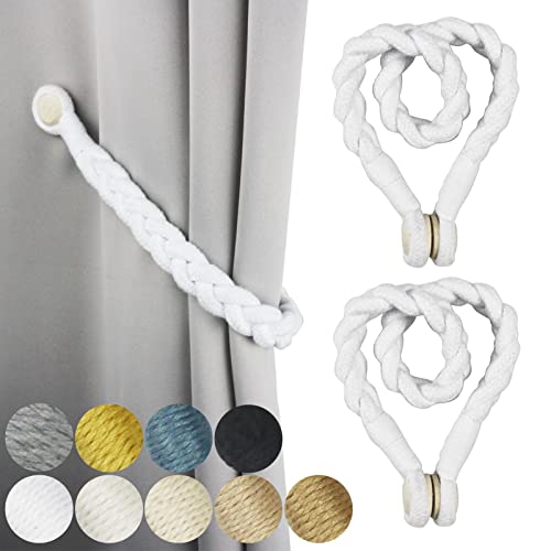 2 Pack Magnetic Curtain Tiebacks, Hand-Woven Cotton Rope Holdbacks