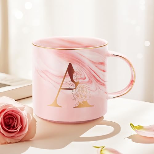 Uwingess A Personalized Initial Mug with Gift Box - Pink Marble Coffee Cup for Women