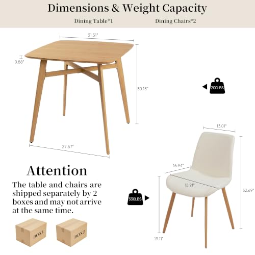 HIPIHOM 3-Piece Oak Dining Table Set for 2 with White Chairs, Space-Saving Kitchen Table