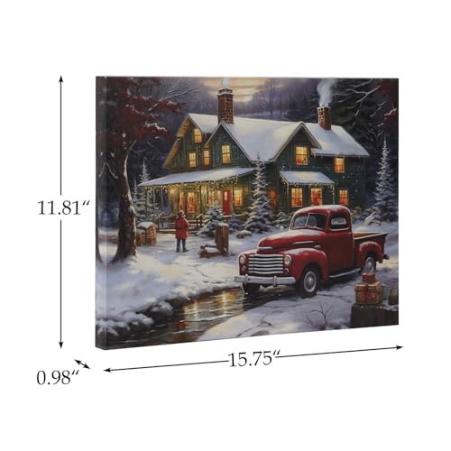 Nikky Home 16 x 12 LED Lighted Christmas Canvas Wall Art – Red Truck & Snow House
