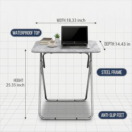 Folding TV Tray Table with Metal Frame - White Marble Snack Table