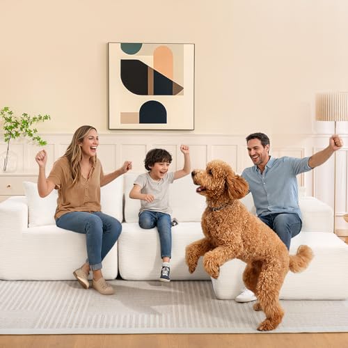 108-Inch Modular Corduroy Sectional Sofa with Ottoman, Beige L-Shaped Couch