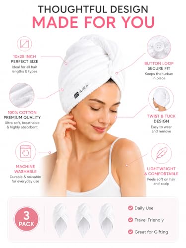 BIOLINEN White Cotton Hair Towel Wrap 3 Pack - 10x25 Inch Quick Dry Turbans