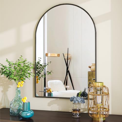 24x36 Inch Arched Wall Mirror, Black Metal Frame Vanity Mirror