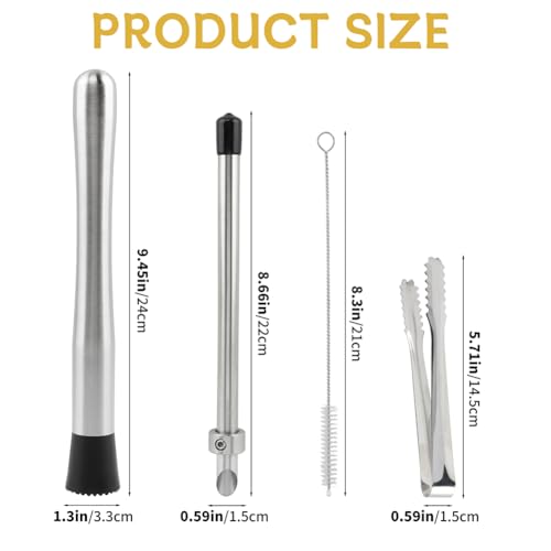4-Piece Cocktail Bar Tool Set with Muddler, Ice Tongs, Brush & Hole Puncher
