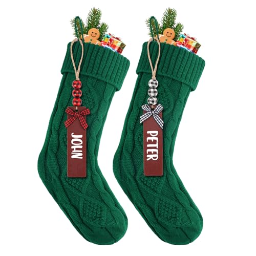 LumaBria 2-Pack 18-Inch Green Cable Knit Personalized Christmas Stockings with Wooden Name Tags