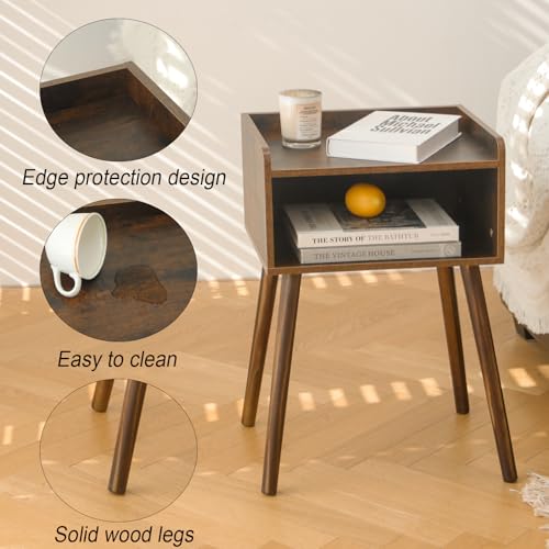 Mid-Century Modern Nightstand with 2-Tier Storage and Solid Wood Legs