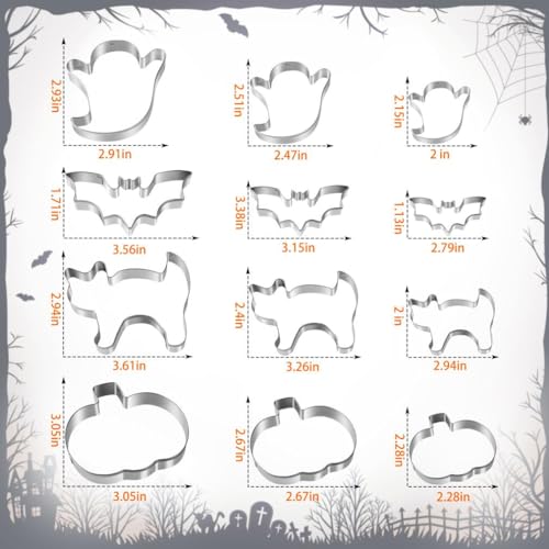 Halloween Cookie Cutters Set - 12 Stainless Steel Shapes: Pumpkin, Ghost, Bat & Cat