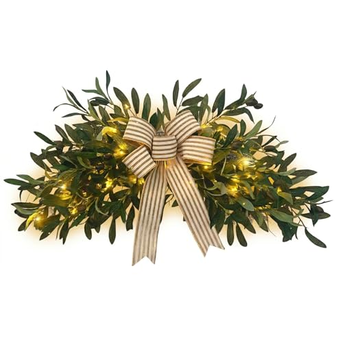 Pre-Lit Artificial Olive Branch Swag with 20 LED Lights and Striped Bow
