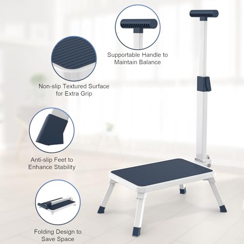 Folding Step Stool with Adjustable Handle, 330 Lbs Capacity Metal Stool