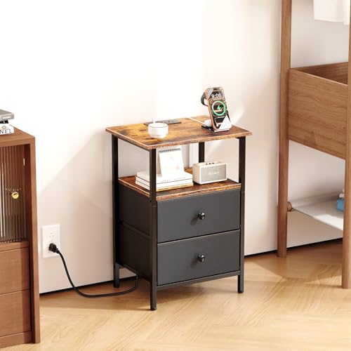 Nightstand with Charging Station, 2 Fabric Drawers & USB Ports