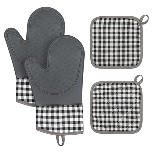 4-Piece Heat-Resistant Silicone Oven Mitt and Pot Holder Set, Grey