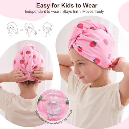 Kids Microfiber Hair Towel Wrap 2Pack Pink White Strawberry - Fast Dry Turban for Girls