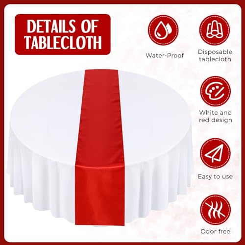 Tudomro 16 Pcs White & Red Round Tablecloth and Satin Runner Set - 84in Tablecloths & 108x12in Runners