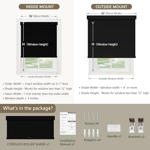 Cordless Blackout Roller Shades, 34"W x 72"H, UV Protection & Thermal Insulation