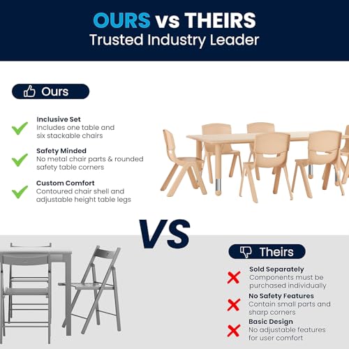 Kids Activity Table Set with 6 Chairs - Natural Finish, Adjustable Height