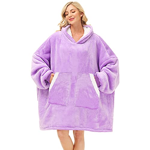 Oversized Wearable Blanket Hoodie, Cozy Sherpa Fleece Pullover, Purple