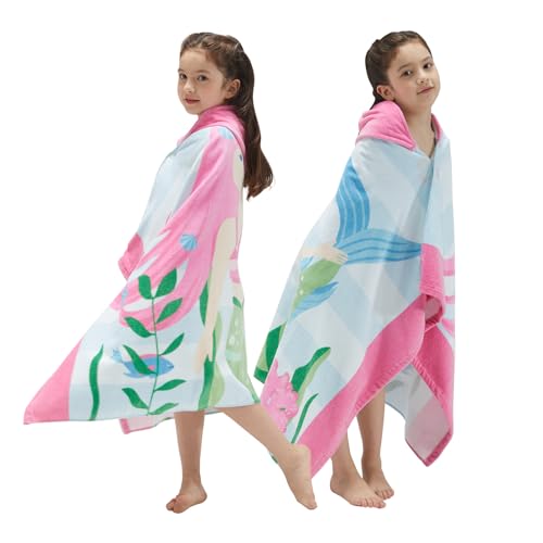 Kids Hooded Beach Towel, 100% Cotton Mermaid Bath Poncho for Ages 3-12