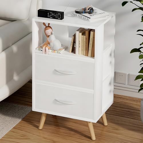3-Tier Modern Nightstand with Fabric Drawers, White Wooden Side Table