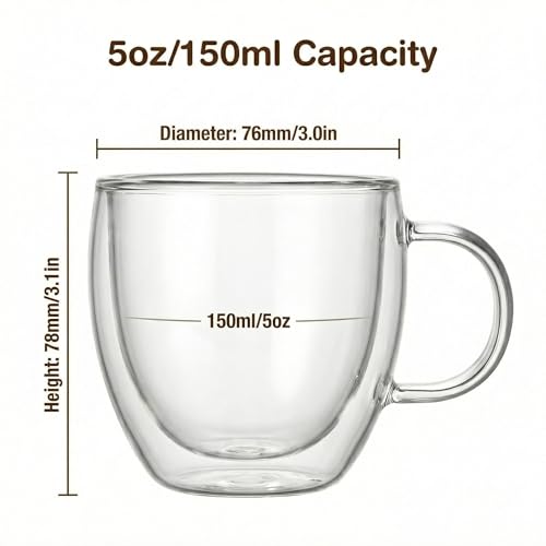 Double Wall Borosilicate Glass Espresso Cups Set of 2 5oz - Thermo Insulated Coffee Mugs