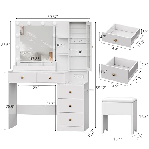 Makeup Vanity Desk with Lighted Mirror, RGB Glass Cabinet and Stool