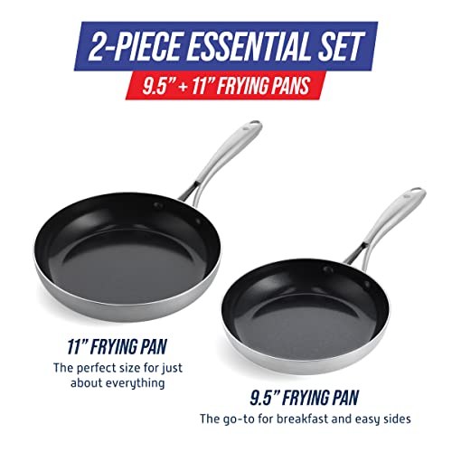 Blue Diamond HD Stainless Steel Clad Pro 2-Piece 9.5" and 11" Frypan Skillet Set, Diamond Infused Ceramic Nonstick, PFAS-Free, Dishwasher Safe, Oven and Broiler Safe, Silver